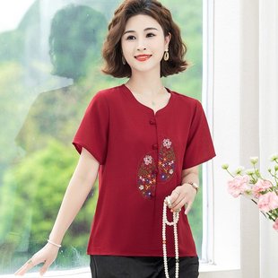 上衣中老年女装 大码 盘扣T恤衬衫 新款 妈妈装 绣花薄款 短袖 夏季 时尚