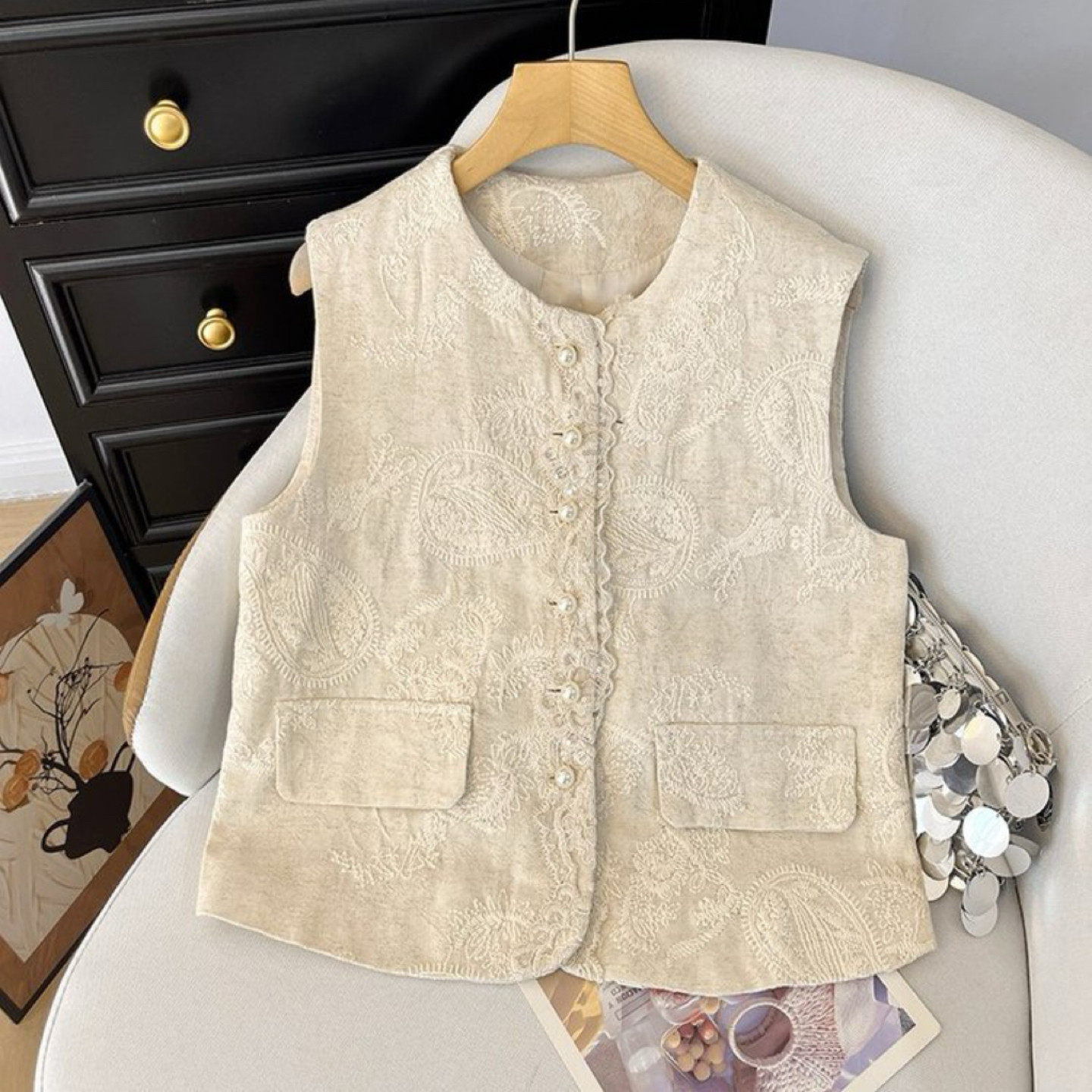 妈妈装圆领蕾丝刺绣马甲外套2026早春新款时尚宽松显瘦小香风上衣,女装/女士精品,马夹,淘宝优惠券,粉丝福利购,淘宝优惠卷