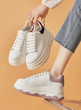 春秋真皮小白鞋女增高8cm6cm爆款百搭波浪底厚底轻便防滑运动女鞋