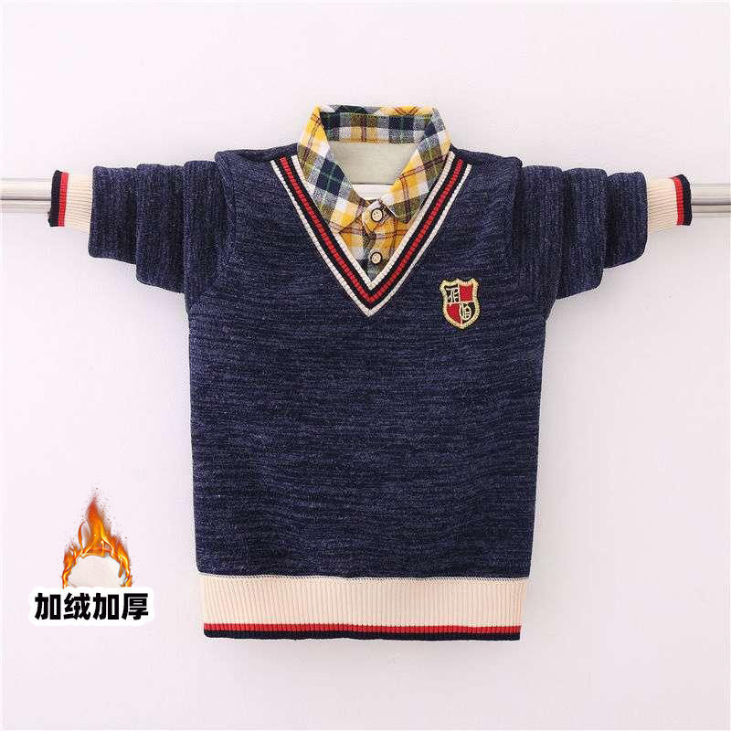 男童毛衣2024新款一体加绒加厚衬衫领假两件秋冬男孩针织打底衫潮