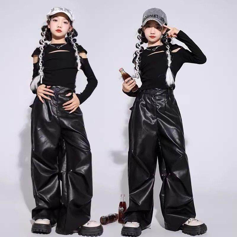 女孩子jazz爵士舞服女团时髦露脐上衣皮裤现代舞演出服模特走秀服
