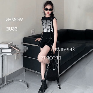 少兒女團爵士舞演出服套裝 甜酷女童夏季 短褲 朋克背心鉚釘熱褲 無袖