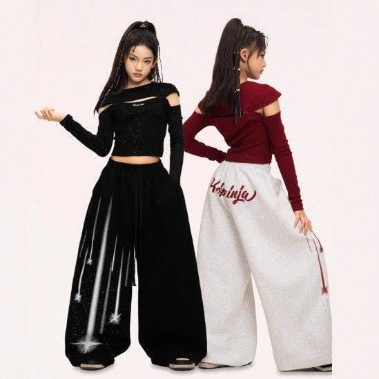 女童爵士舞露脐短款长袖上衣儿童少儿街舞运动裤子表演出服套装