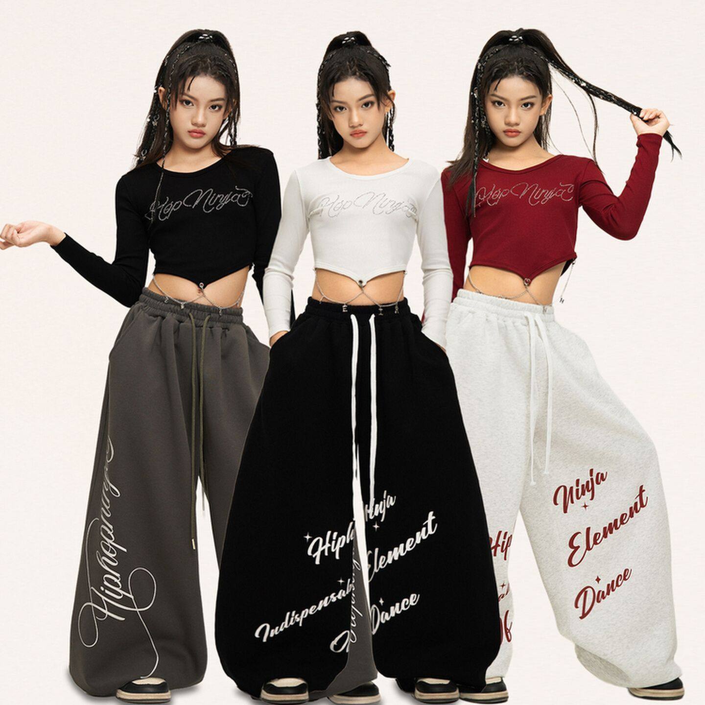 女童爵士舞腰链短款长袖上衣儿童甜酷街舞运动裤子表演出服套装