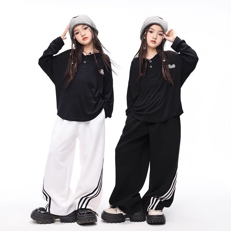 儿童爵士舞表演出服装嘻哈宽松潮牌练功长裤女童街舞儿童潮服套装