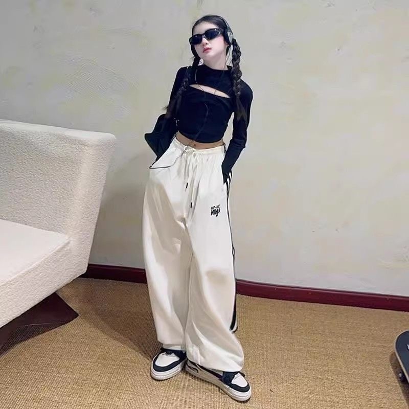 女童2025爵士舞服套装长袖镂空卫裤套装洋气露脐儿童街舞表演出服