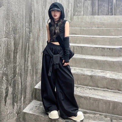 女童秋装套装韩系潮酷穿搭辣妹连帽无袖上衣爵士街舞阔腿工装长裤