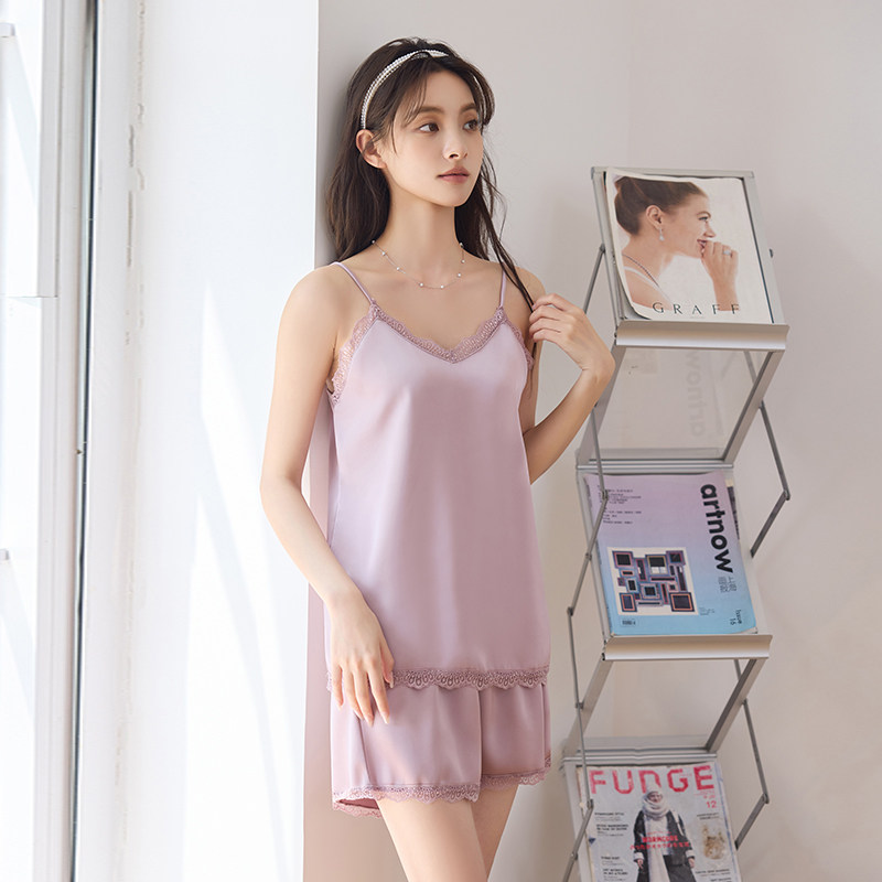 法式蕾丝V领吊带睡衣套装女夏季醋酸宽松家居女款2025新款夏冰丝