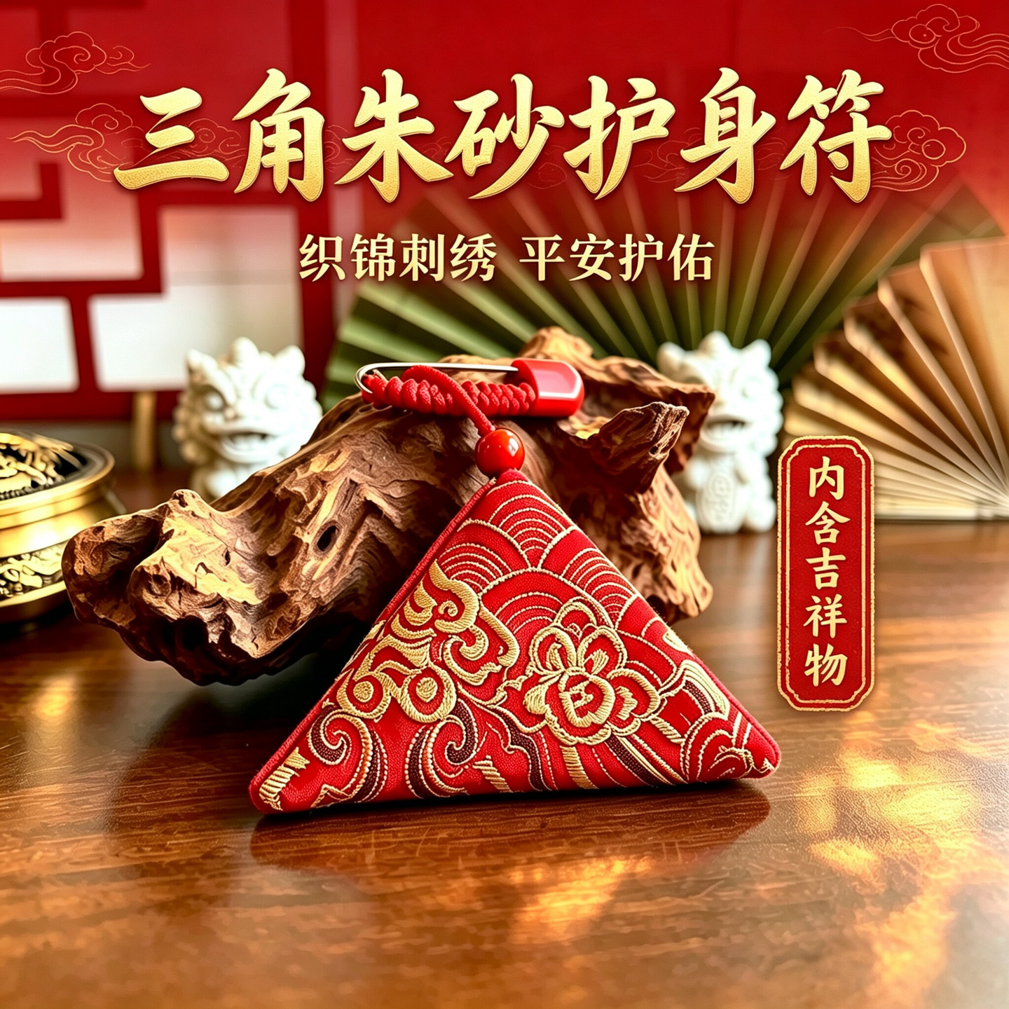 三角朱砂桃木平安护身符招财挂件
