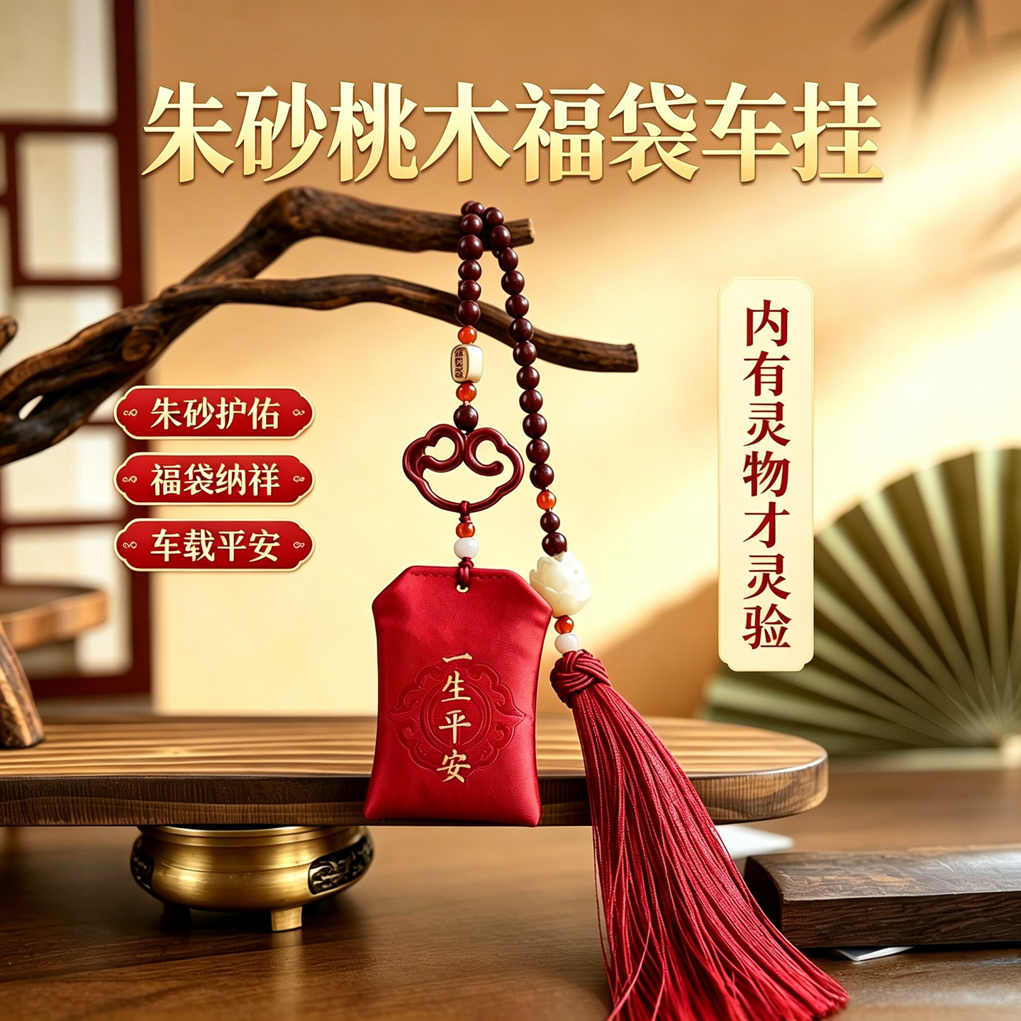 朱砂桃木福袋后视镜车挂件平安符
