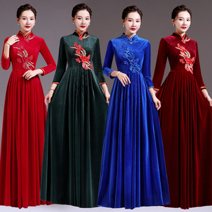 新款大合唱礼服金丝绒演出服装女长裙成人修身中老年合唱团指挥服