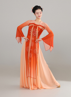 古典舞蹈服装飘逸女汉唐齐胸裙表演练功服飘带身韵演出服长款纱衣