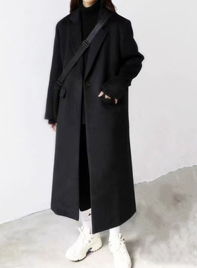 黑色毛呢大衣女中长款2024新款宽松显瘦过膝呢子西装外套