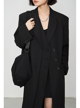 CHICVEN2025春秋 重工气质双门襟长款宽松西装外套过膝风衣女上衣