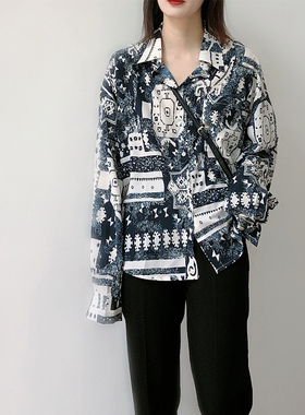 CYX STUDIO 春季港风设计感小众宽松复古长袖印花衬衫女
