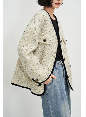 「回归主义」早春小香风毛呢外套女短款复古V领粗花呢上衣