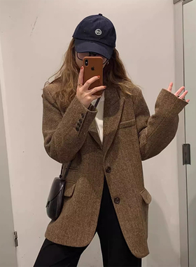 咖色毛呢西装外套女秋冬新款小个子韩版休闲夹棉羊毛呢子上衣