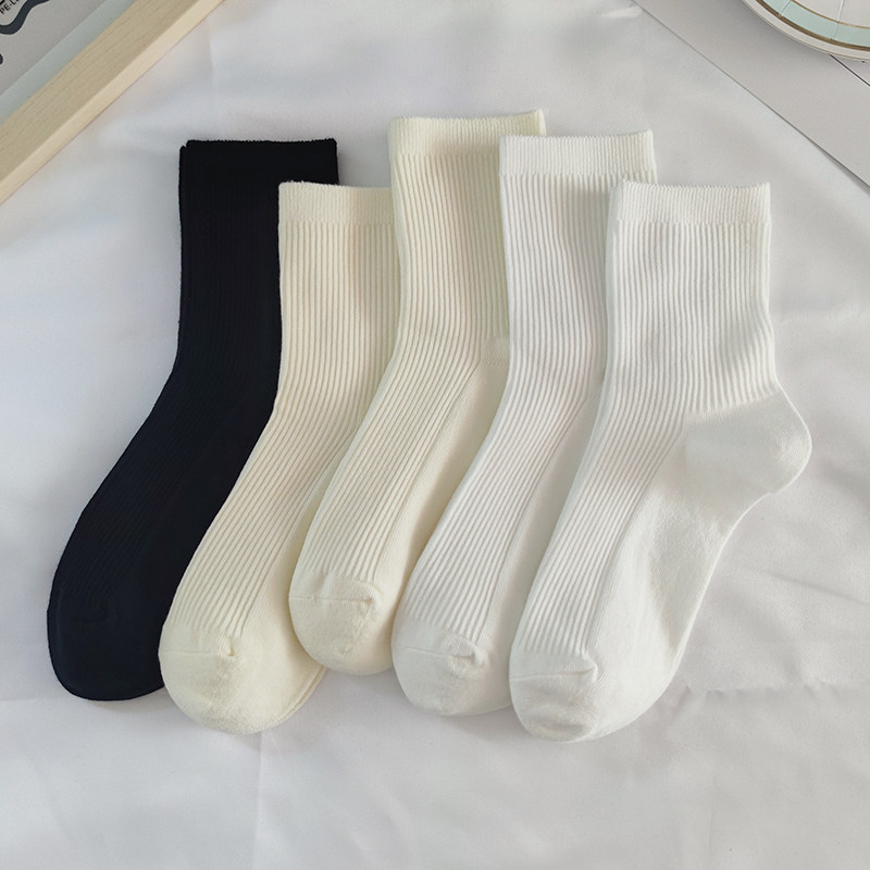 奶白色袜子女纯色中筒袜ins潮可爱日系jk夏季纯棉黑色春秋长筒袜