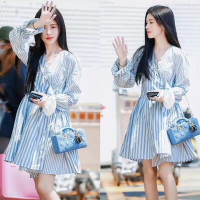 鞠婧祎明星同款蓝白条纹喇叭袖衬衫连衣裙收腰显瘦气质甜美裙子女