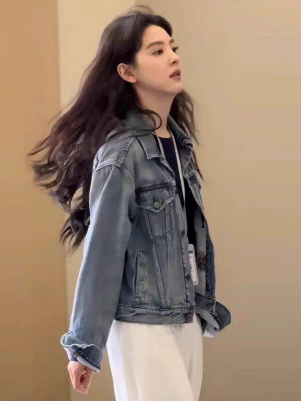 温以凡同款蓝色法式复古春季新款短款夹克牛仔外套潮女