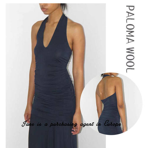 国现 PALOMA WOOL 24新款纯色弹性垂坠褶皱挂脖修身长款连衣长裙