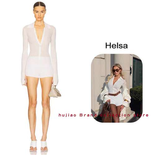 煳椒 Helsa 新款白色微透单排扣修身长袖连体衣裤