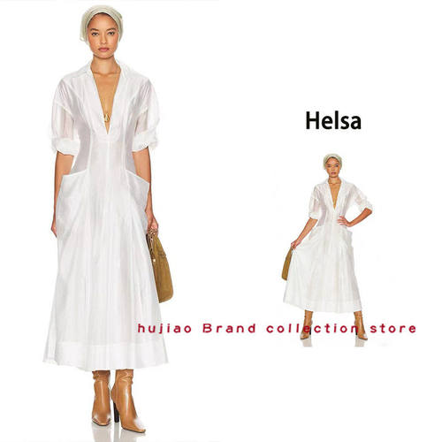煳椒 Helsa 白色翻领深V双口袋收腰衬衫连衣裙中长裙
