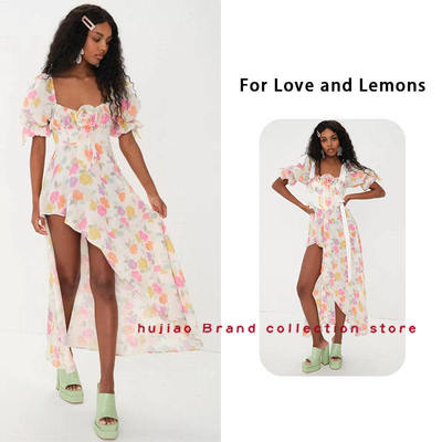 煳椒 澳洲 For Love and Lemons 褶皱泡泡袖玫瑰不对称连衣裙