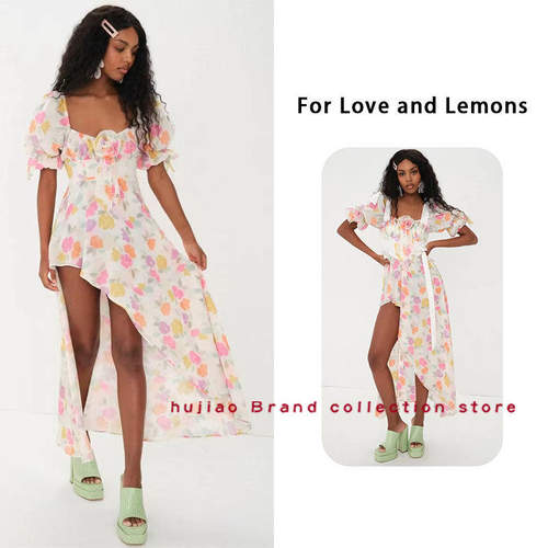 煳椒 澳洲 For Love and Lemons 褶皱泡泡袖玫瑰不对称连衣裙