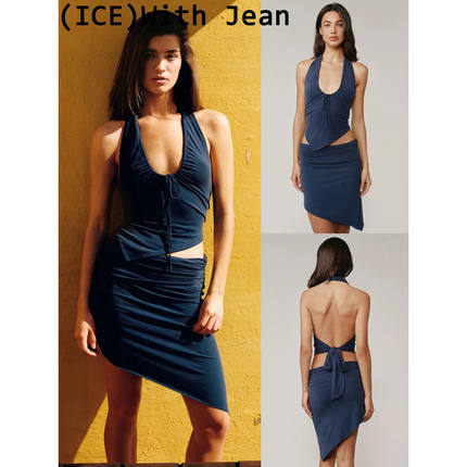 ice买手店正品With Jean套装挂脖U领系带露背上衣不规则半身裙女