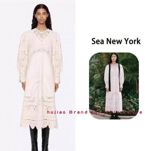 煳椒 Sea New York 镂空刺绣蕾丝边灯笼袖中长款连衣裙