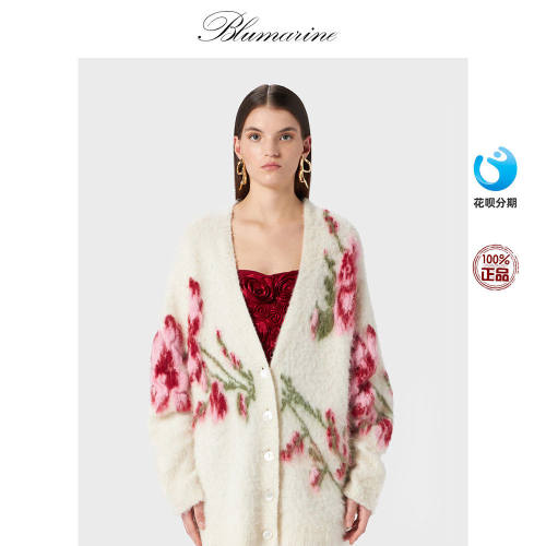 Blumarine 慵懒宽松玫瑰印花V领羊驼毛针织开衫外套