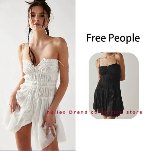 煳椒 Free People 复古白色性感松紧吊带修身不规则吊带裙