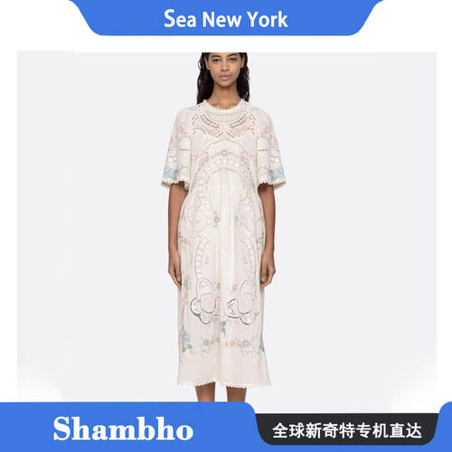 Shambho Sea New York 新款甜美花卉刺绣镂空圆领短袖连衣裙