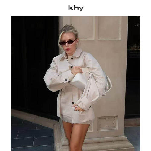KHY 新款街头风系带收腰中长款翻领气质风衣外套