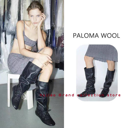 煳椒PALOMA WOOL 新款休闲百搭复古褶皱堆堆系带中长筒靴