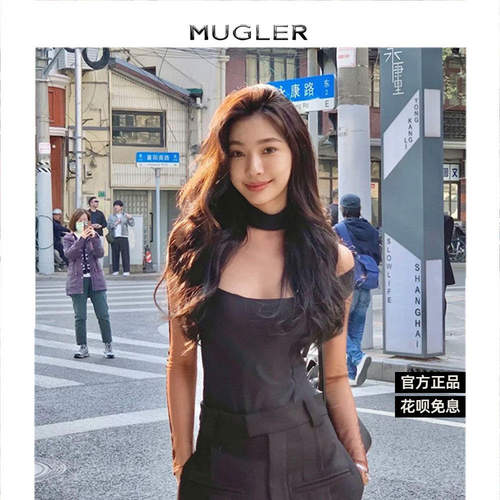 怪品味 Mugler 易梦玲同款网纱拼接半高领镂空紧身半透明连体衣