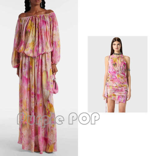 POP买手店 Blumarine  法式优雅花卉印花一字肩长袖连衣裙女