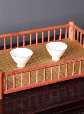 缅甸花梨木竹编栏杆文承盘实木茶盘水果盘家用功夫茶具长方形托盘