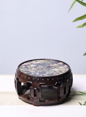 螺钿鼓型底座非洲黑檀木螺钿镂空鼓凳微缩家具工艺品底座