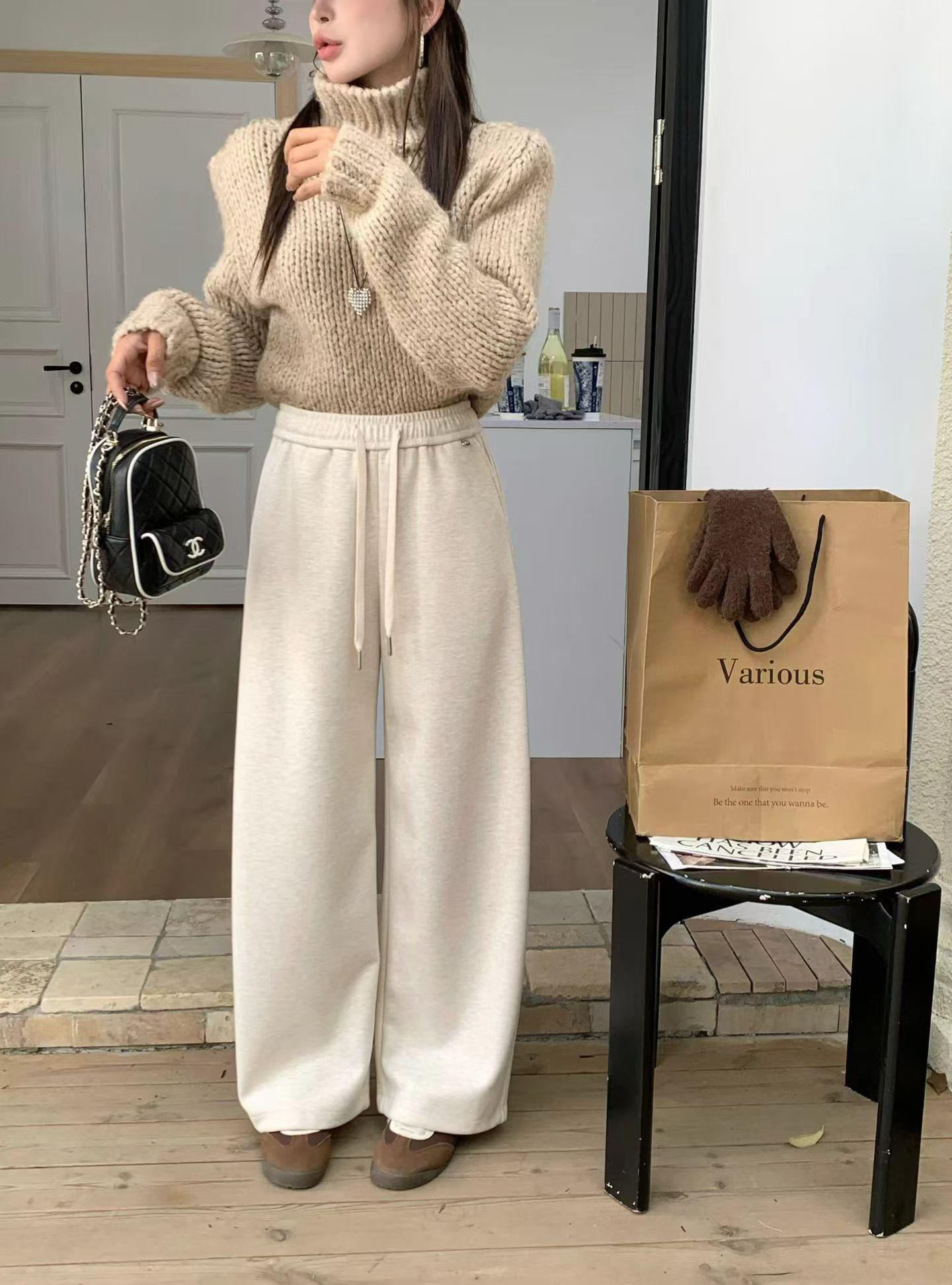 一米窄版阔腿裤女2025秋冬高腰宽松显瘦休闲羊绒加厚直筒裤8650