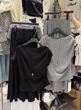 韩伊hanyi正品夏季斜肩收腰上衣配松紧腰半身裙两件套女套装