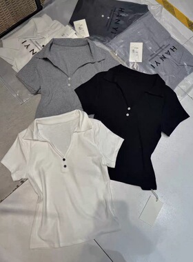 韩伊hanyi夏新26正品polo领正品小V修身短袖女袖潮百搭上衣