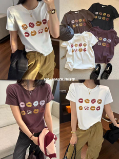 韩系NAIZI奈子时尚印花设计短袖t恤女早秋新款显瘦小版上衣潮