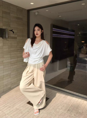 韩范26年E号春夏白色露肩短袖T恤女夏气质修身百搭显瘦上衣