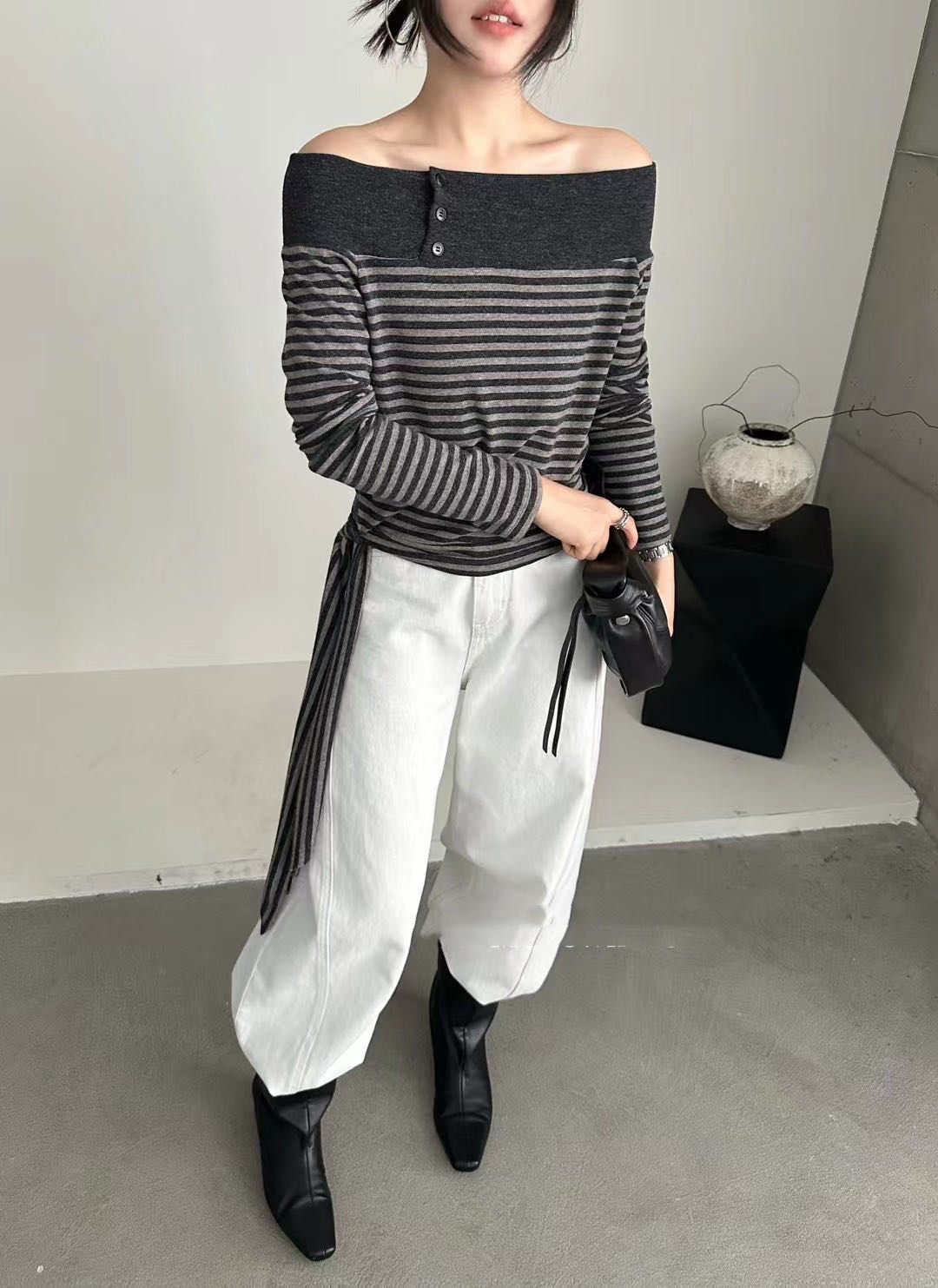 韩伊hanyi正品时尚设计感一字肩绑带条纹长袖T恤女25秋季女上衣