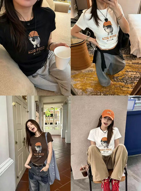 韩伊hanyi正品夏上新卡通猫咪印花网红小个子短袖T恤短袖潮上衣