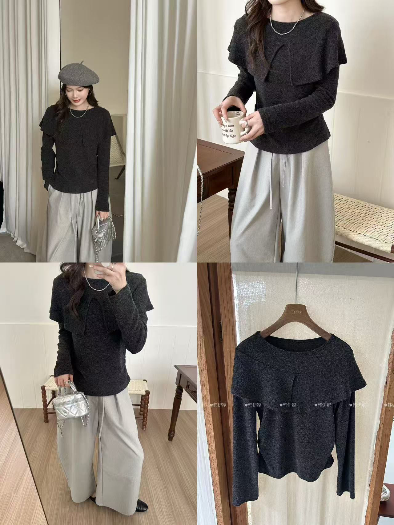 韩伊hanyi正品25冬季设计感褶皱荷叶边设计长袖T恤打底衫女上衣女