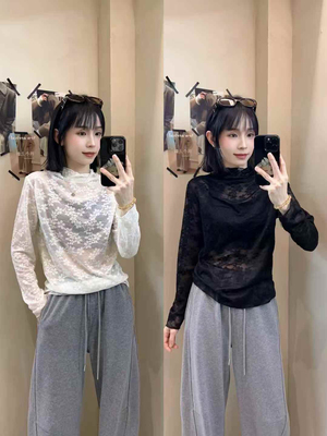 蕾丝打底衫女25秋冬半高领内搭独特别致小衫薄款叠穿网纱上衣