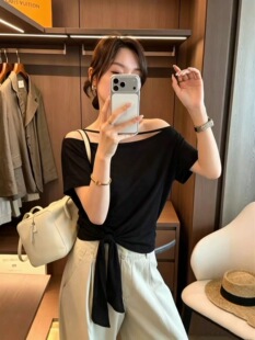 韩伊hanyi一字肩绑带冰凉短袖女恤女26夏款百搭潮上衣